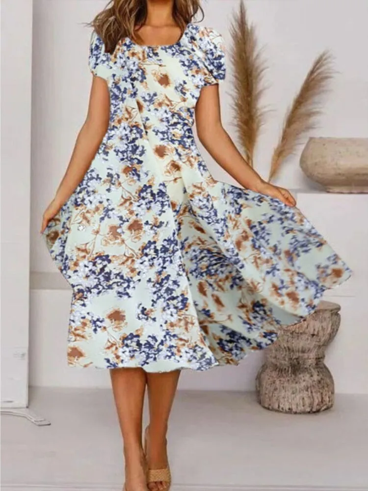 2022 New Summer Casual Print Dress Women's Fashion Short Sleeve Mid-length Skirt Bohemian Beach Holiday Skirt Dresses for Women