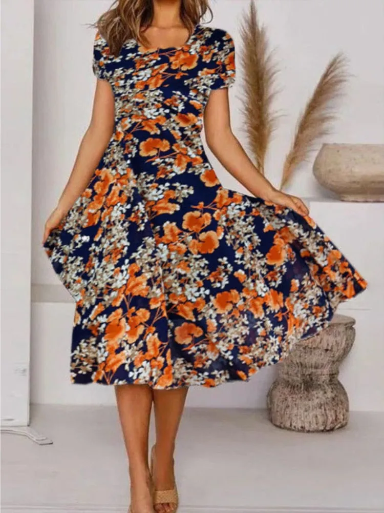 2022 New Summer Casual Print Dress Women's Fashion Short Sleeve Mid-length Skirt Bohemian Beach Holiday Skirt Dresses for Women