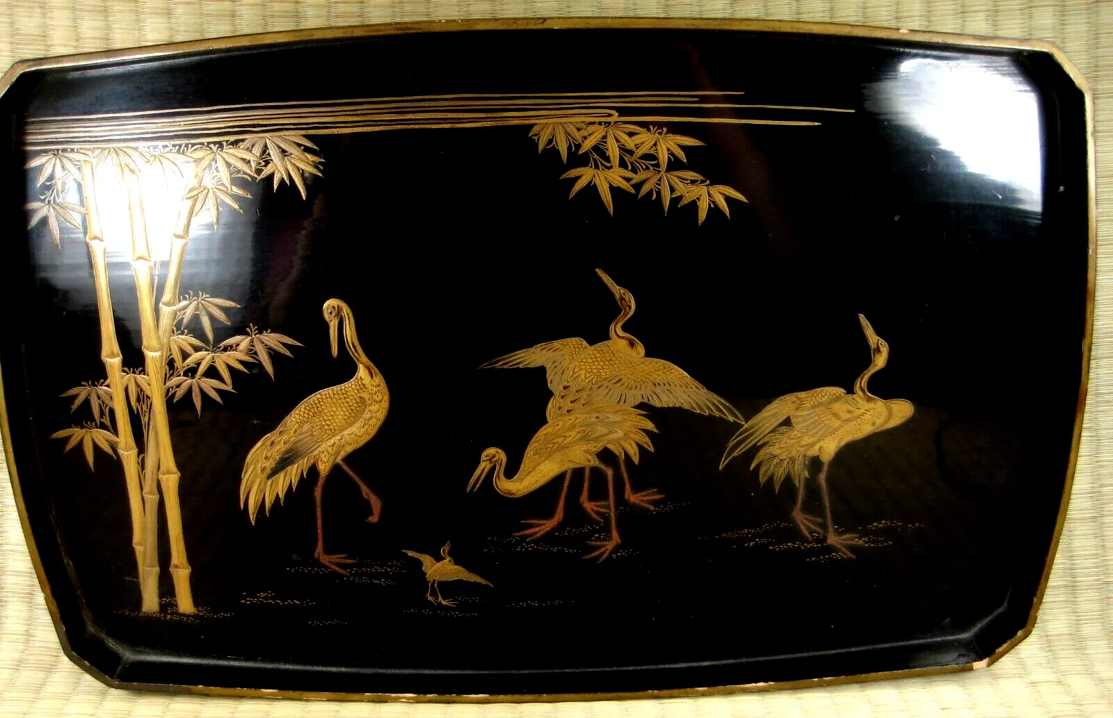 Antique Japanese Meiji Era 150 Yr Old Wood & Lacquer Obon Ozen Tray Cranes