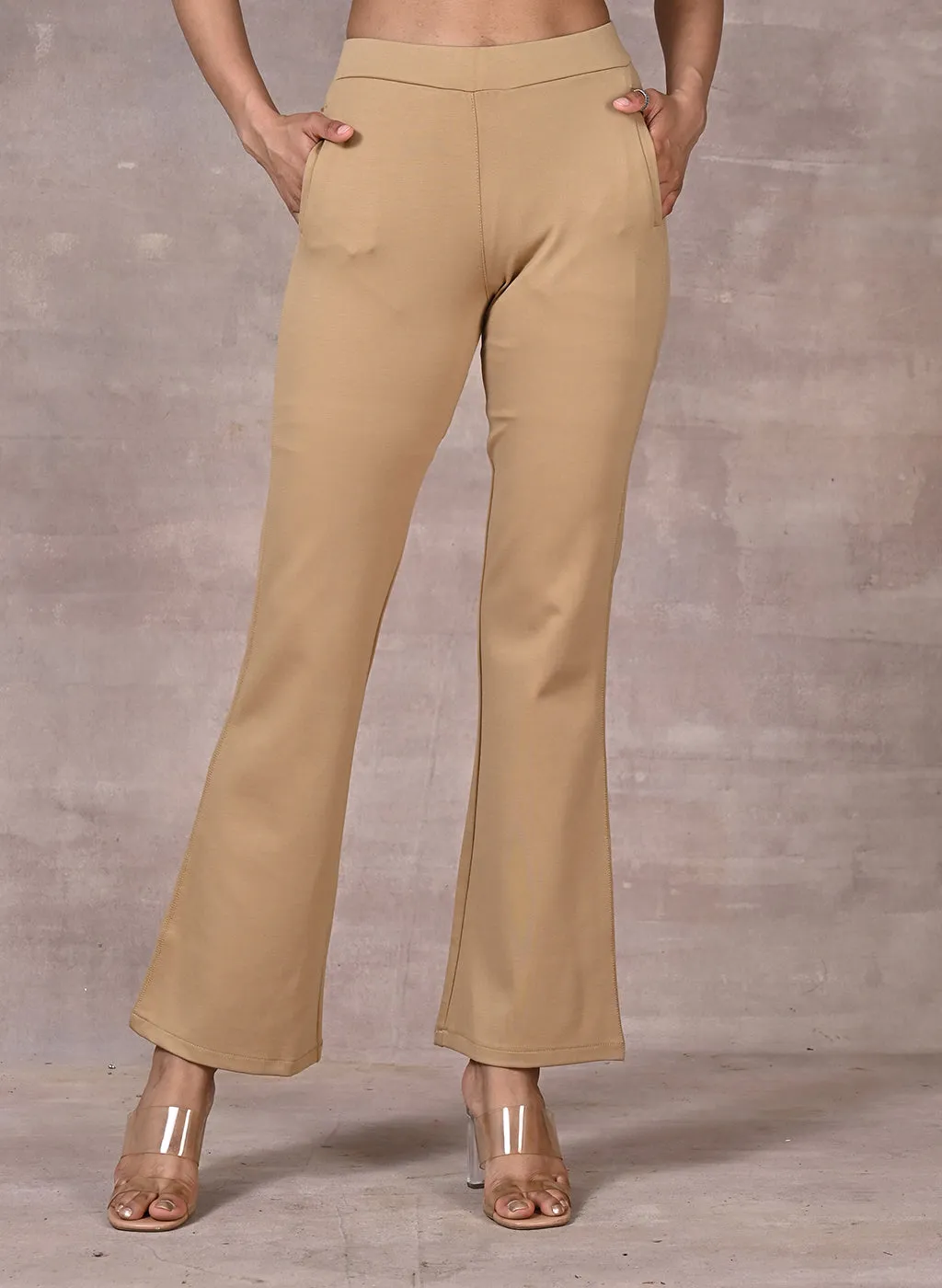 Beige Regular Plain Pants