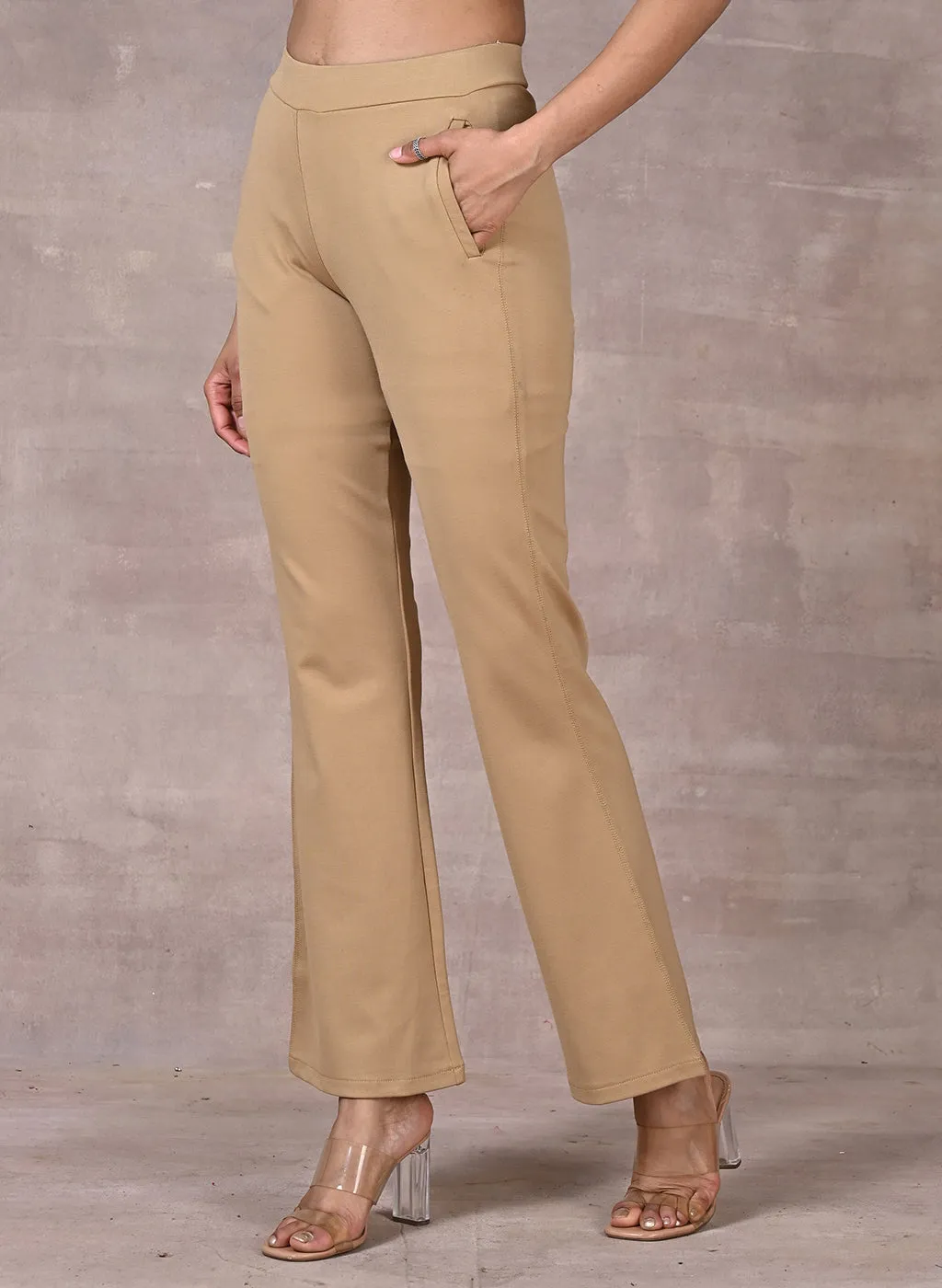 Beige Regular Plain Pants