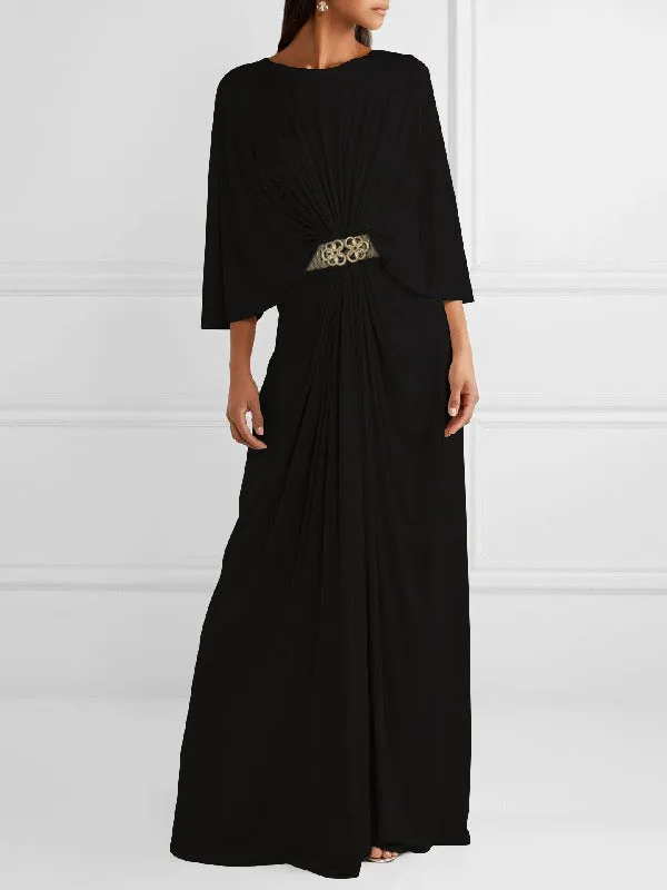 Belted Pleated Solid Color Loose Round-neck Maxi Dresses