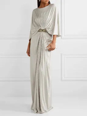 Belted Pleated Solid Color Loose Round-neck Maxi Dresses