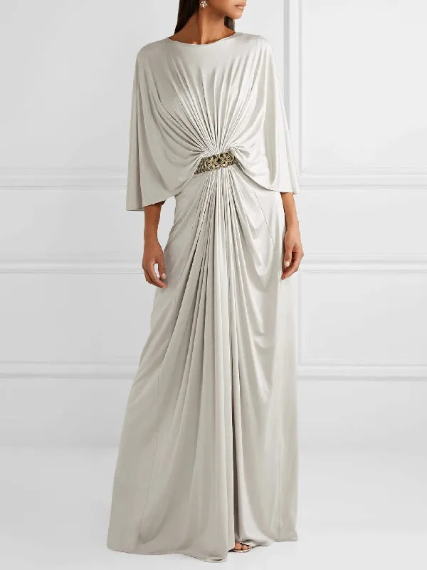 Belted Pleated Solid Color Loose Round-neck Maxi Dresses