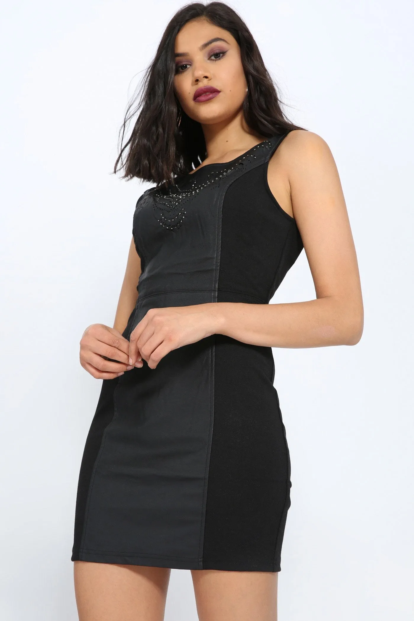 Black Leather Effect Panel Zip Back Mini Dress