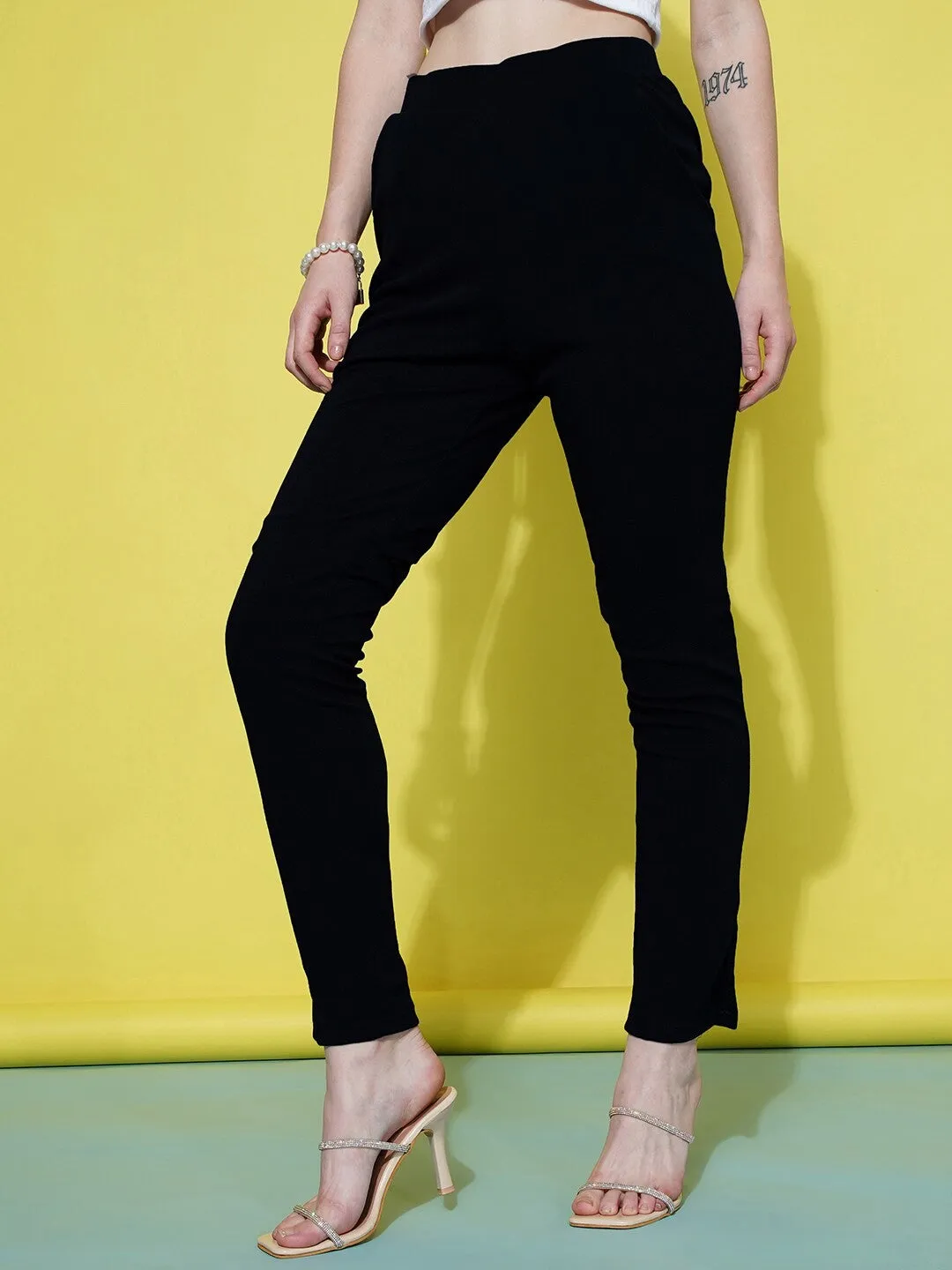 Black Slim Fit Knitted Flat-Front Trousers