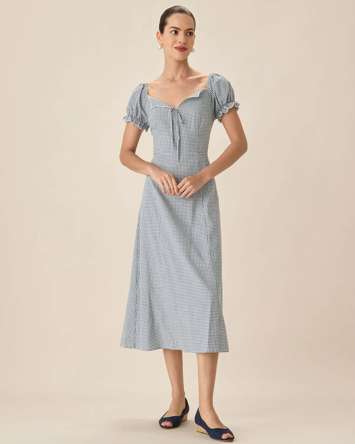 Blue Plaid Sweetheart Neck Midi Dress