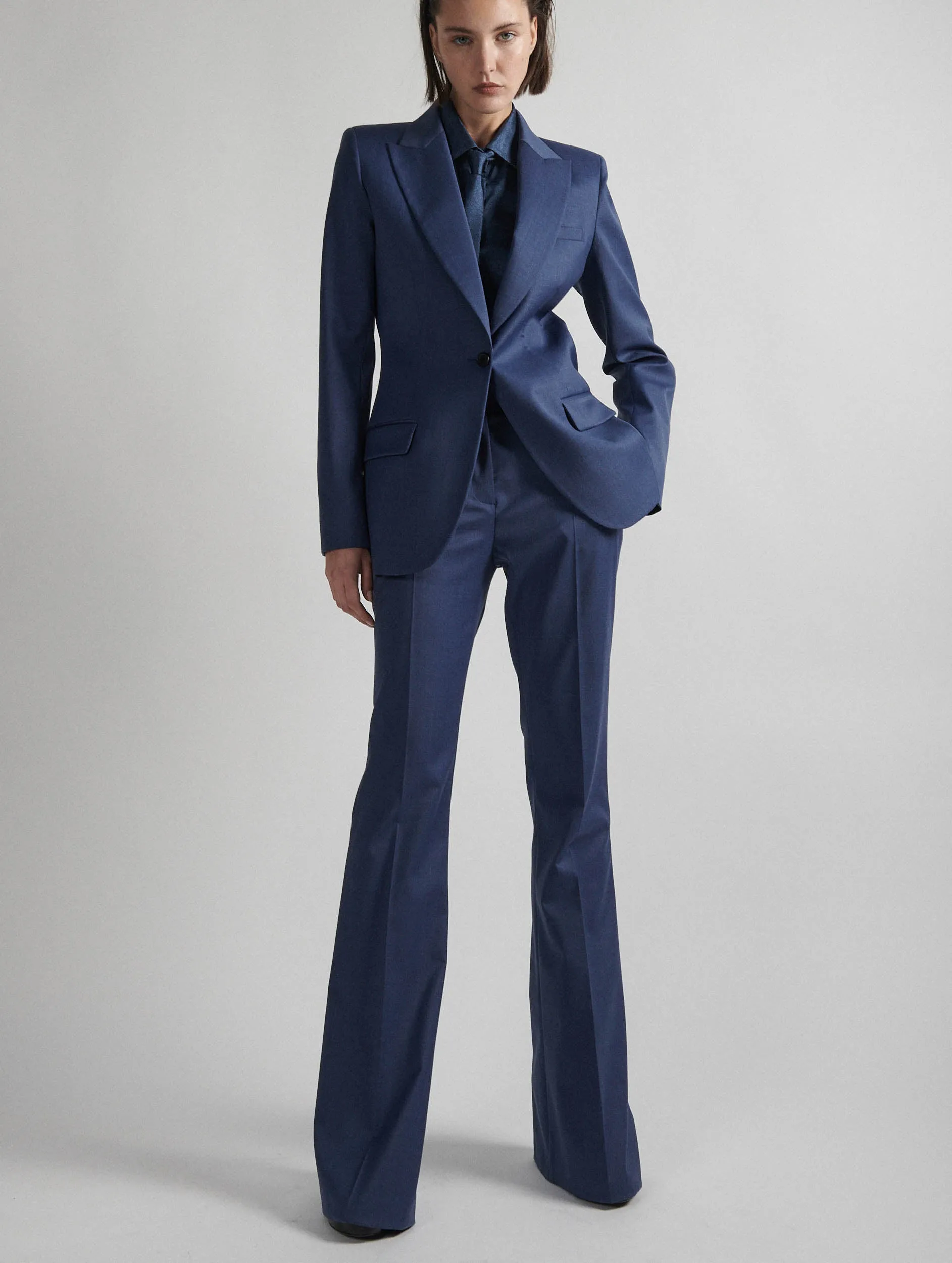 Blue stretch wool gabardine bootleg-cut trousers