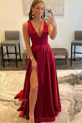 Burgundy A-line V-neck Long Prom Dresses with High Slit, Evening Dresses, SP936