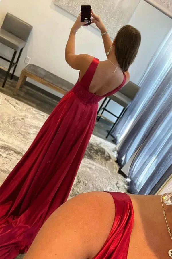 Burgundy A-line V-neck Long Prom Dresses with High Slit, Evening Dresses, SP936