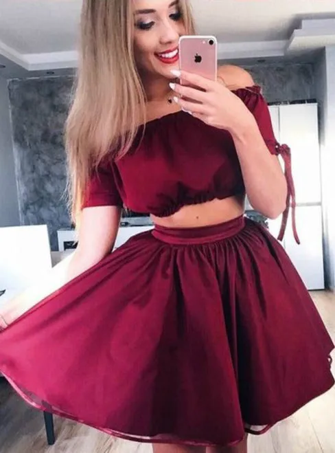 Burgundy Off Shoulder Two Piece Sweet Homecoming Dresses,BD00135