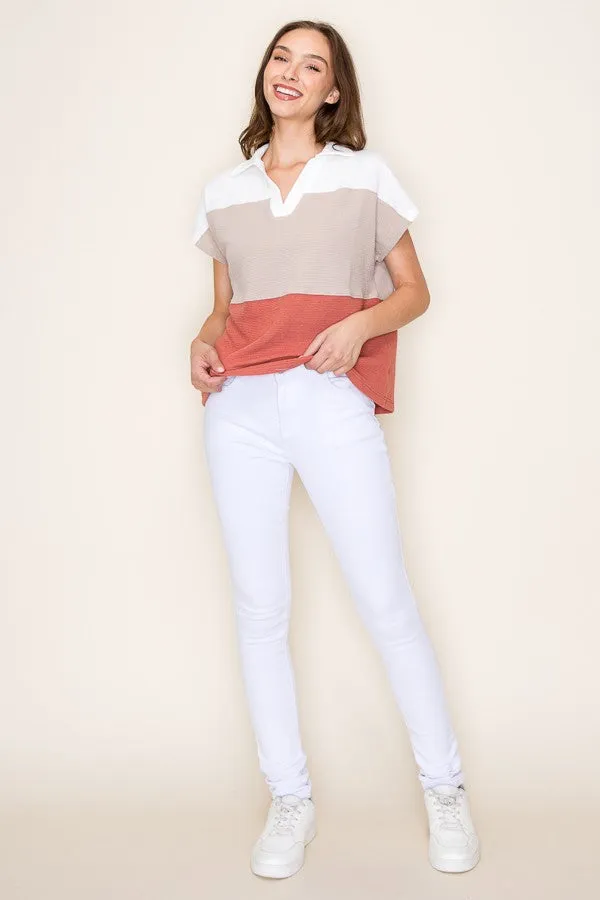 Colorblock Vneck Collared Short Sleeve Top