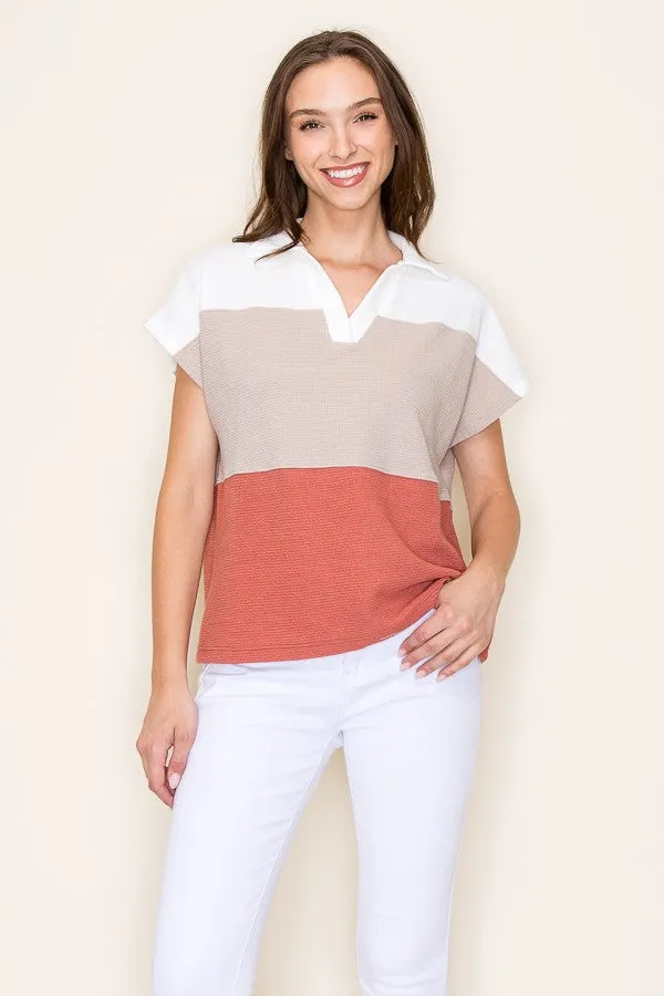 Colorblock Vneck Collared Short Sleeve Top