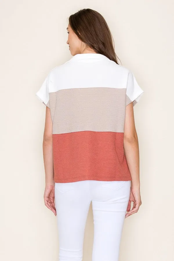 Colorblock Vneck Collared Short Sleeve Top