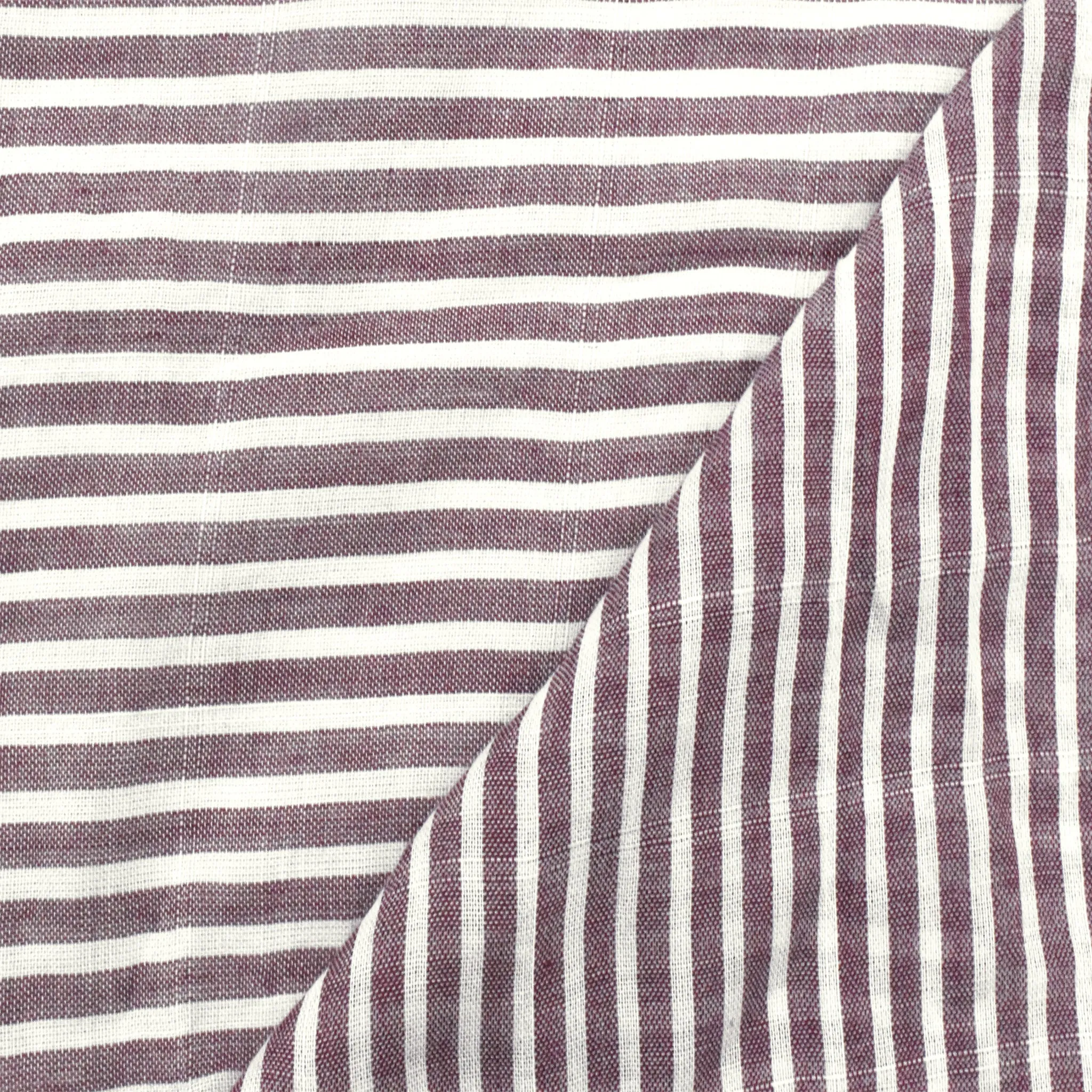 Deep Red-Off-White Striped Slub Rayon Lawn Fabric