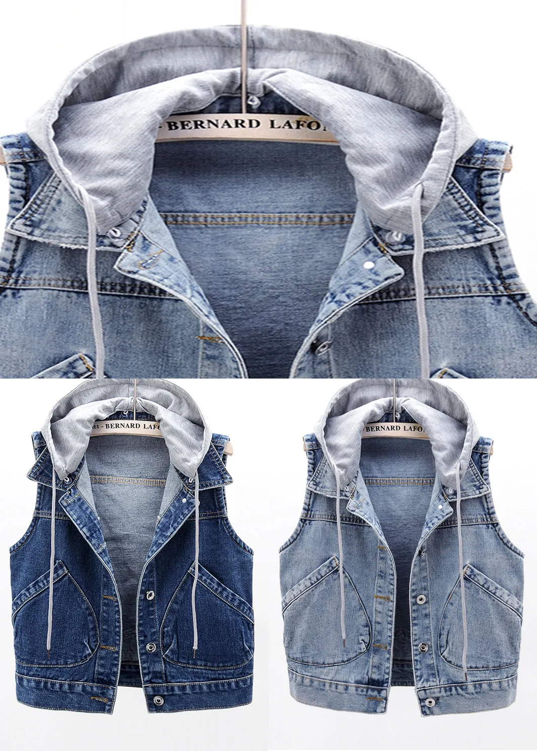 Elegant Light Blue Patchwork Pockets Hooded Denim Waistcoat Sleeveless