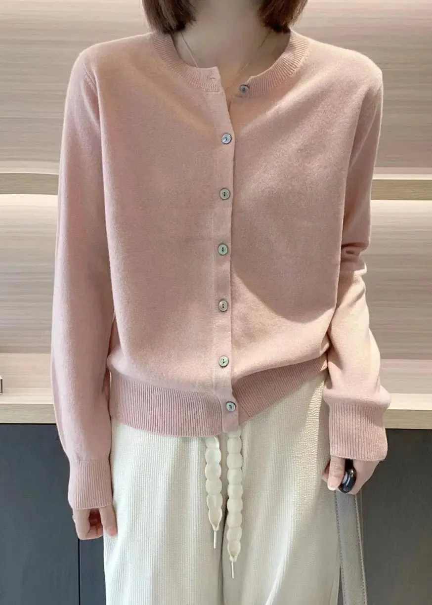 Elegant Pink O Neck Button Patchwork Knit Coats Long Sleeve ML2924