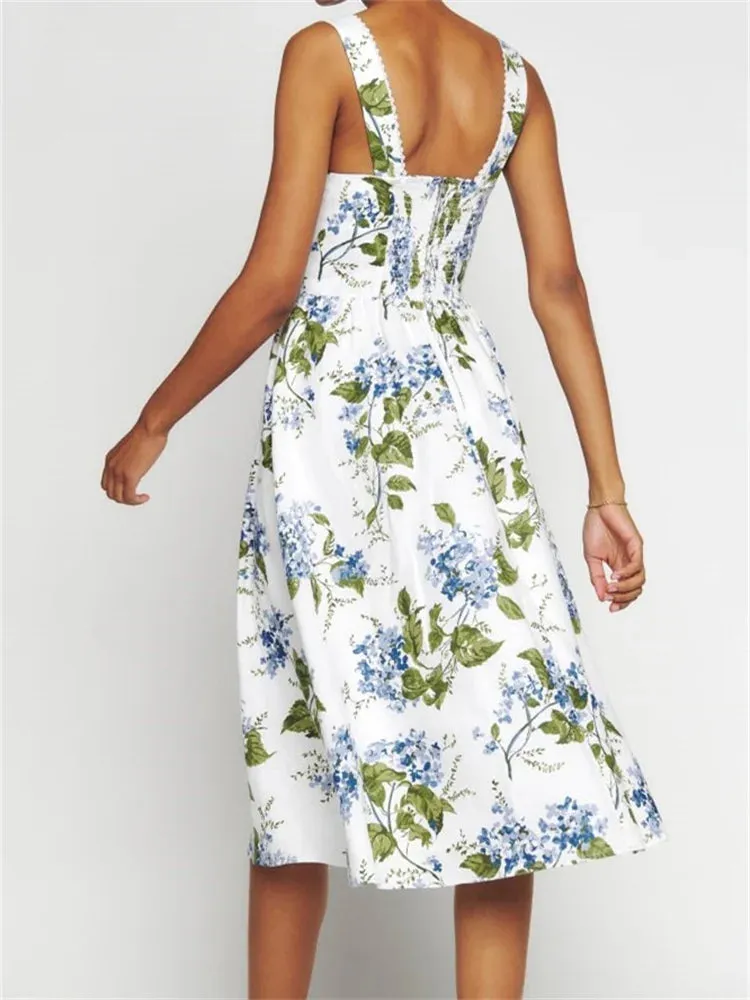 Elegant Square Neck Button-Up Sling High Waist A-Line Summer Midi Dress