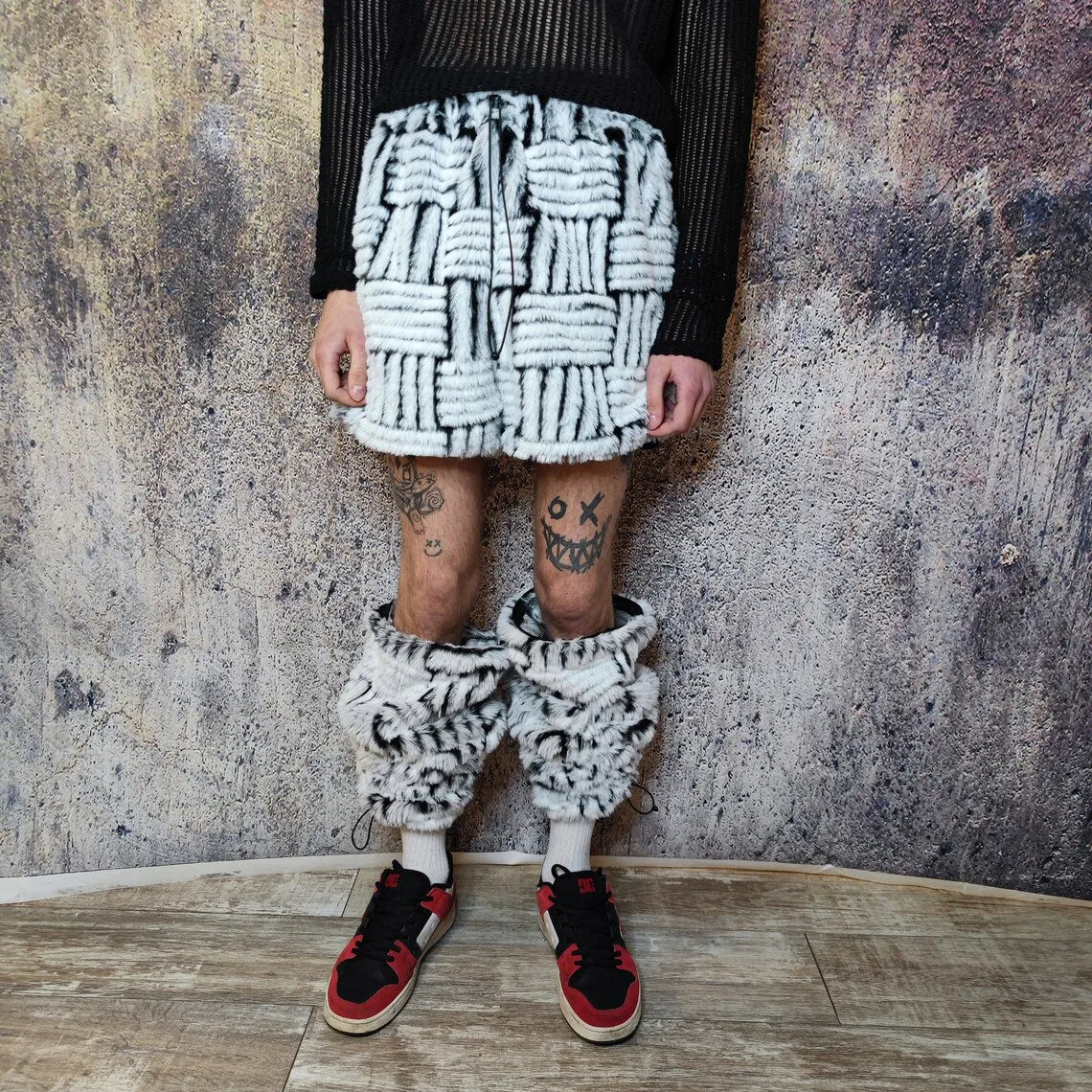 Faux fur joggers luxury detachable pants handmade stripe pattern shorts fluffy check premium overalls in beige black