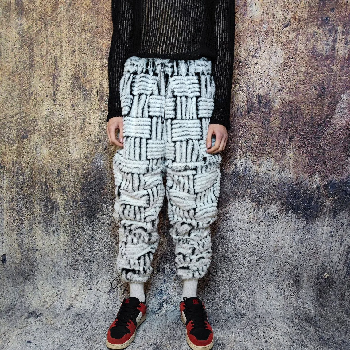 Faux fur joggers luxury detachable pants handmade stripe pattern shorts fluffy check premium overalls in beige black