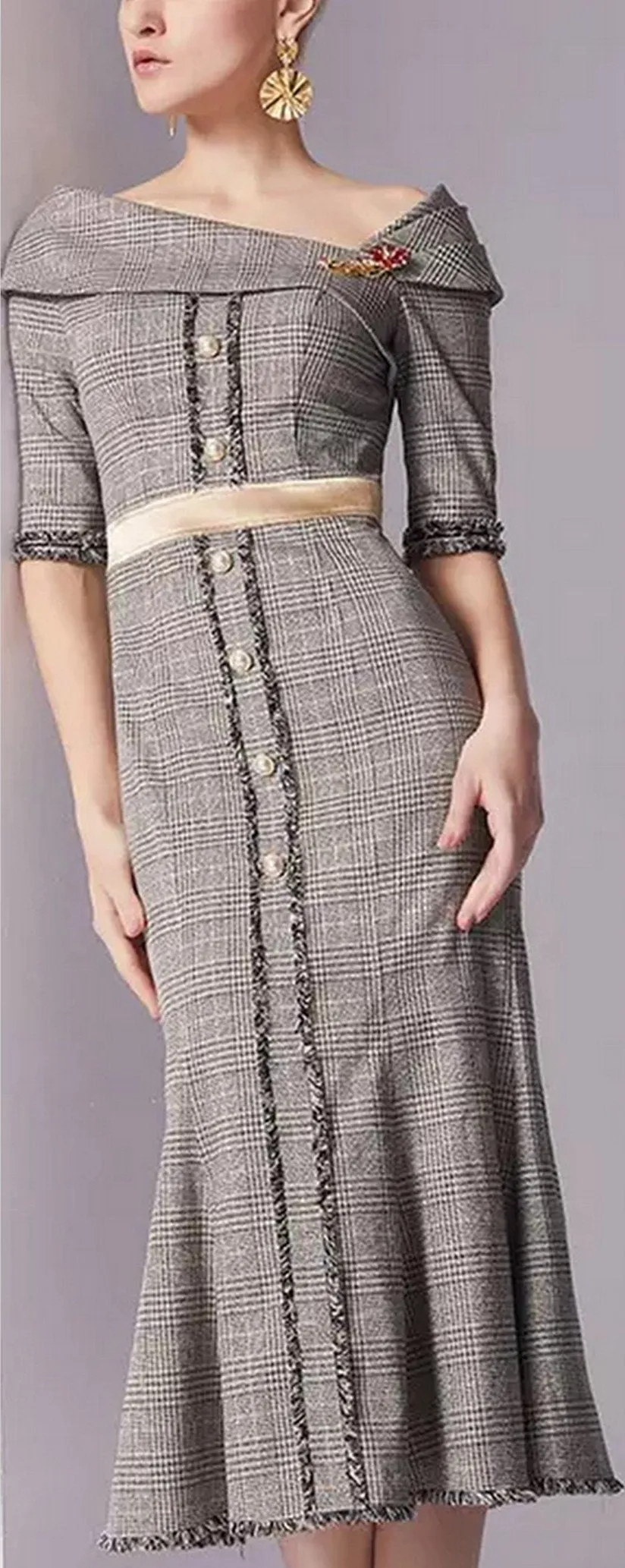 Frayed-Trimmed Plaid Midi Dress