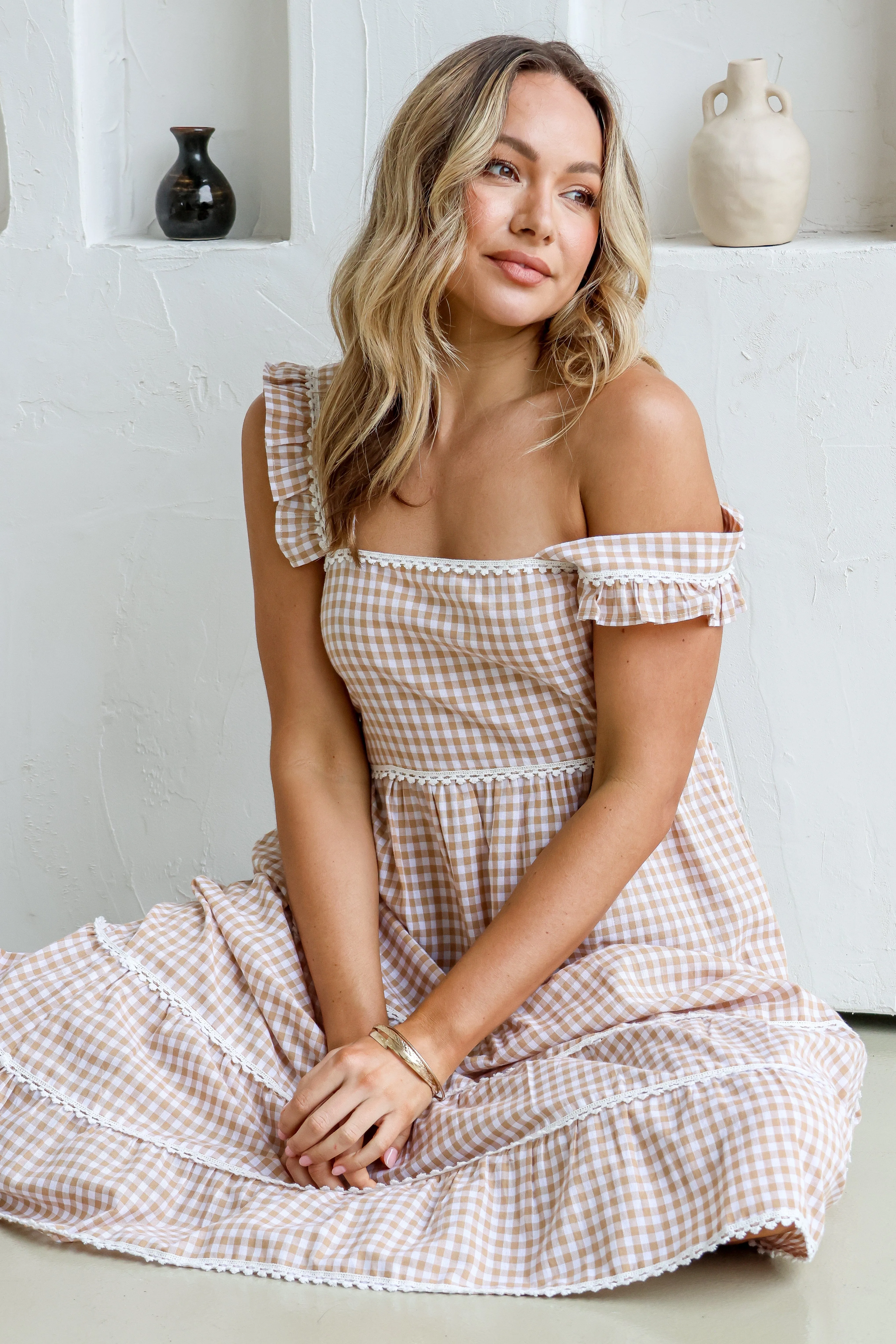 Gingham Check Dress With Lace Trim - Latte