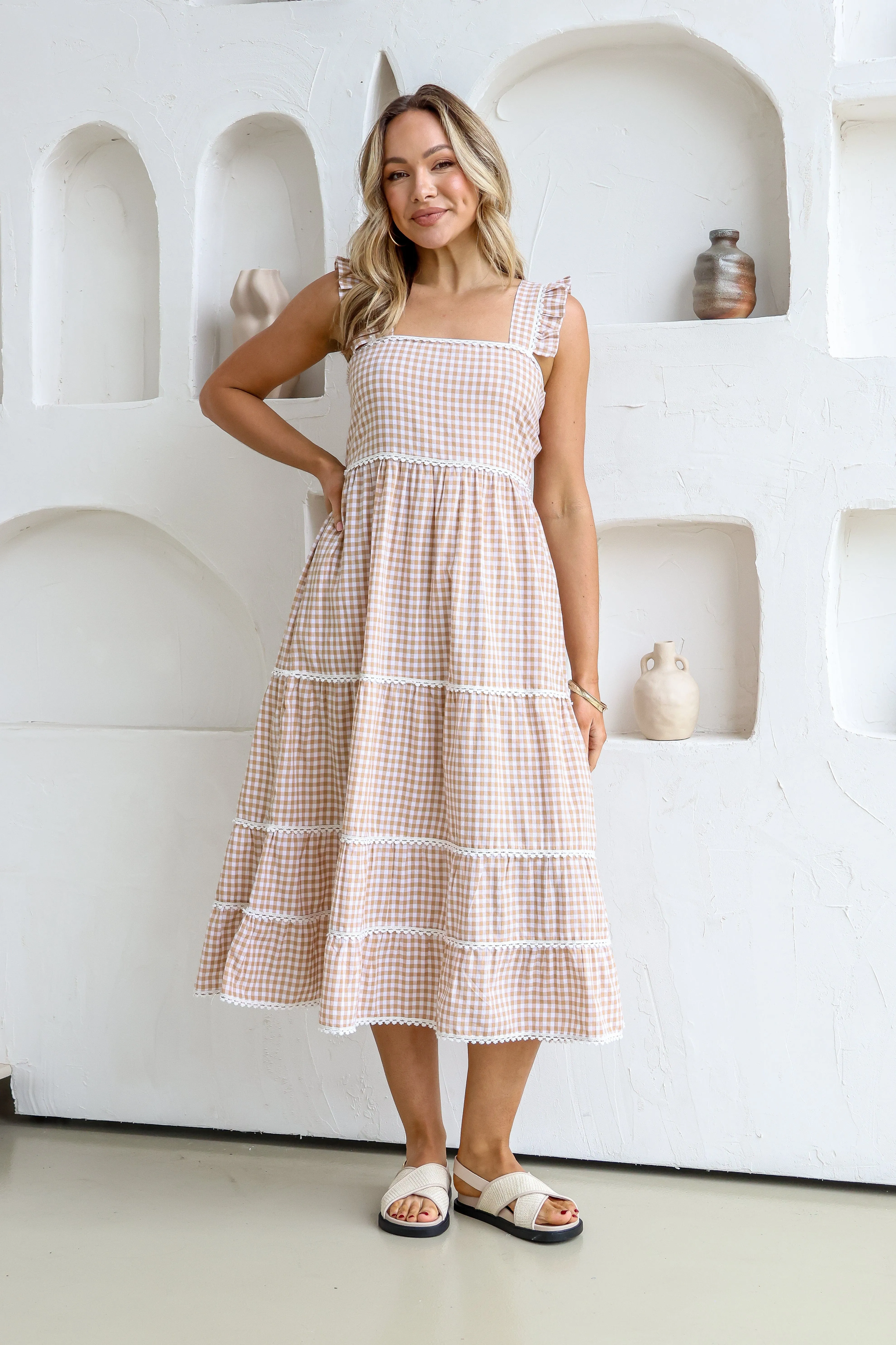 Gingham Check Dress With Lace Trim - Latte