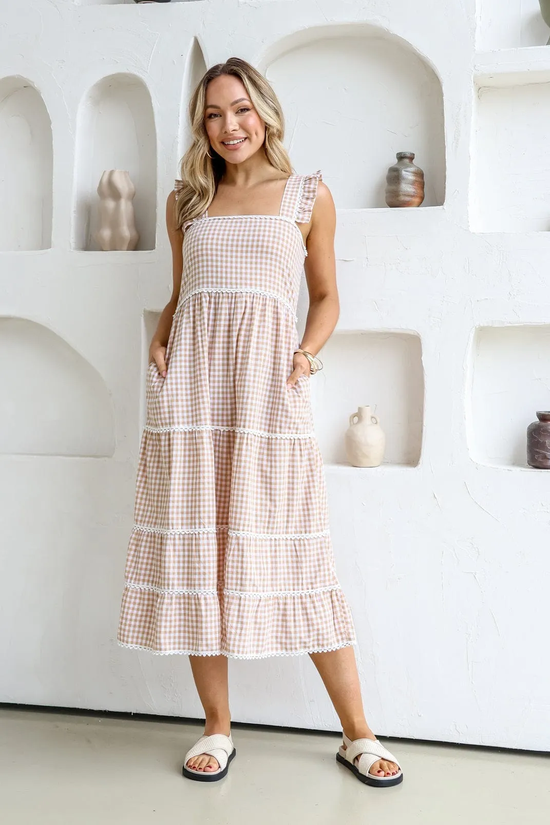 Gingham Check Dress With Lace Trim - Latte