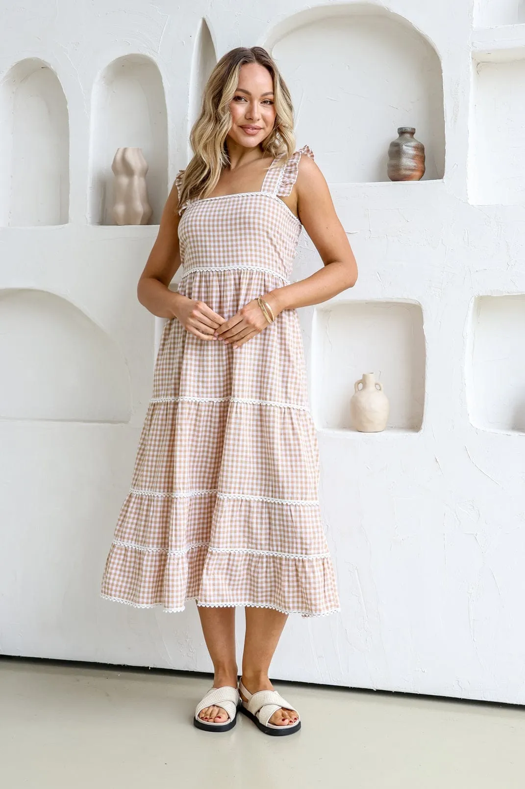 Gingham Check Dress With Lace Trim - Latte