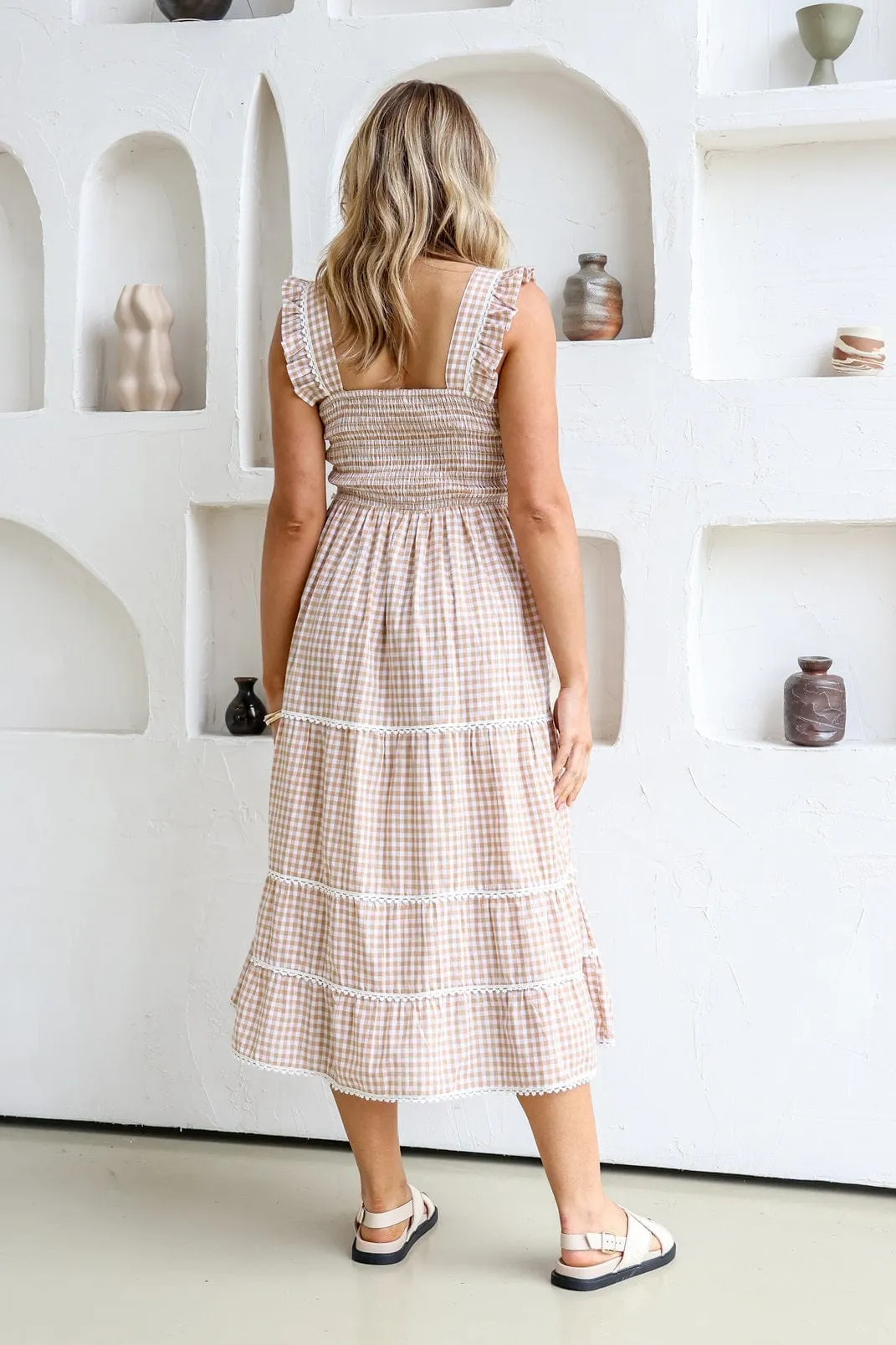 Gingham Check Dress With Lace Trim - Latte