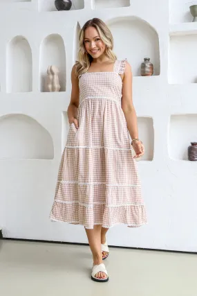 Gingham Check Dress With Lace Trim - Latte