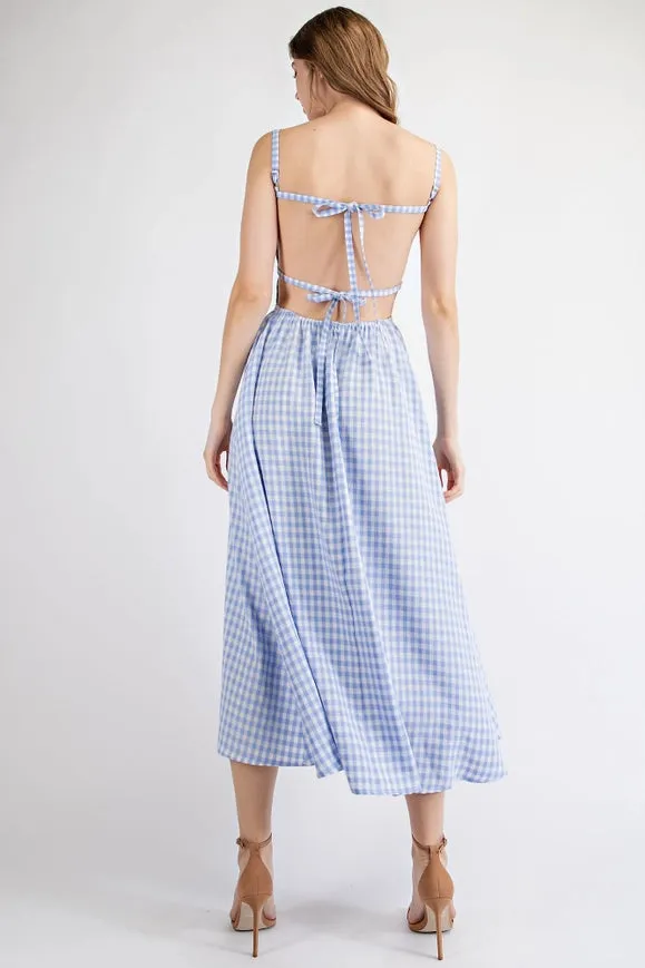 Gingham Midi Dress with Open Back Strap BLUE/WHT