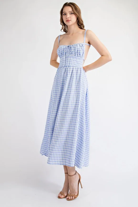 Gingham Midi Dress with Open Back Strap BLUE/WHT