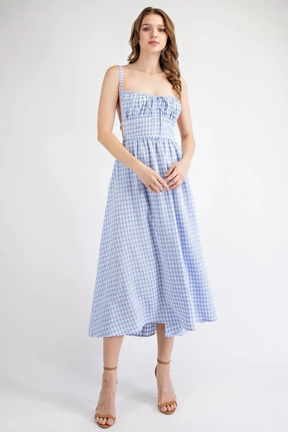 Gingham Midi Dress with Open Back Strap BLUE/WHT