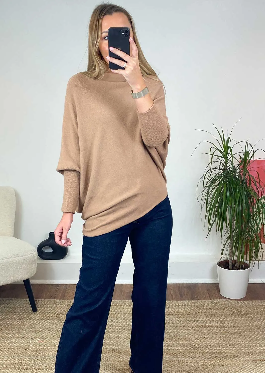 Grace Asymmetric Knit Jumper in Camel