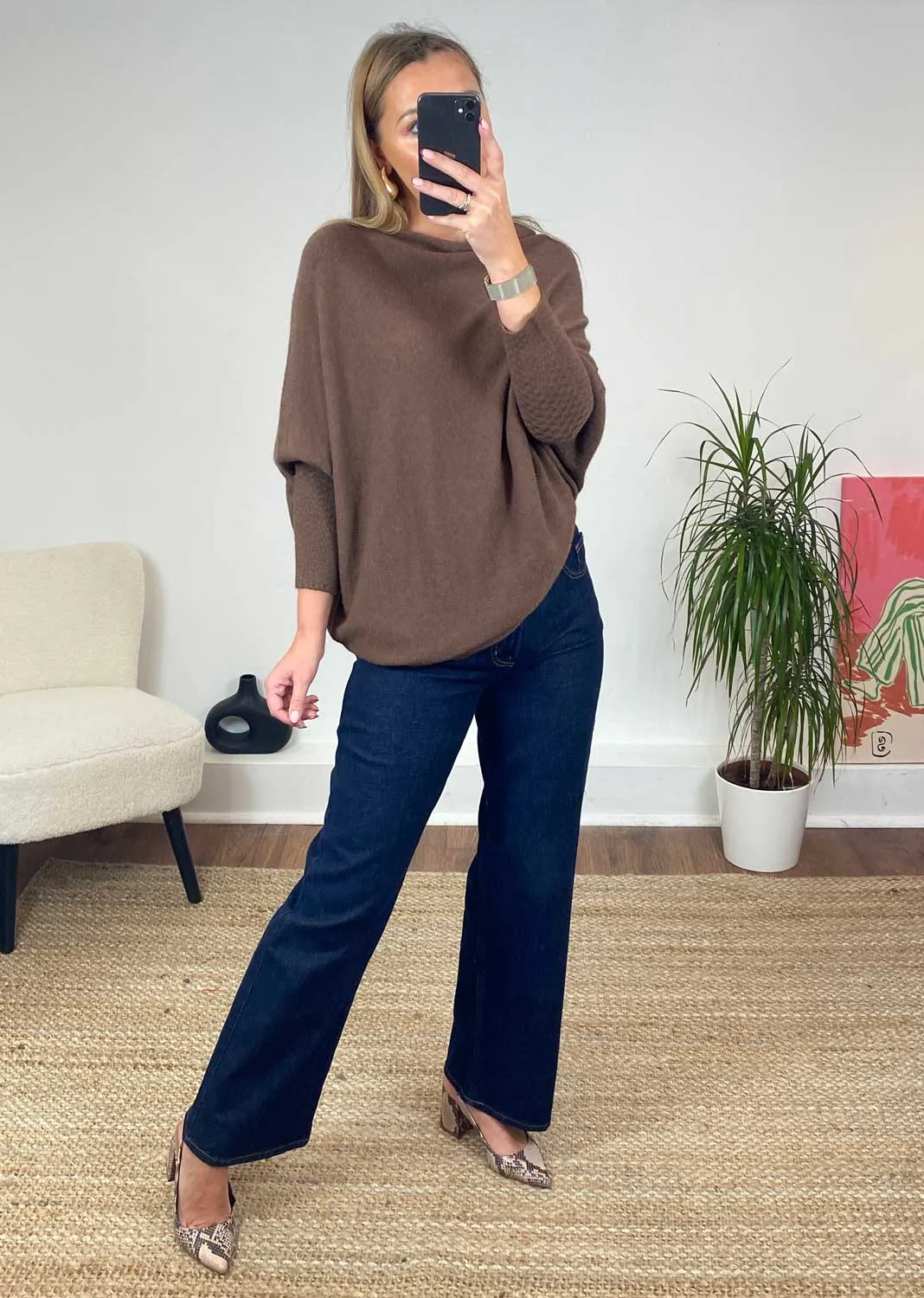 Grace  Asymmetric Knit Jumper in Chocolate Brown