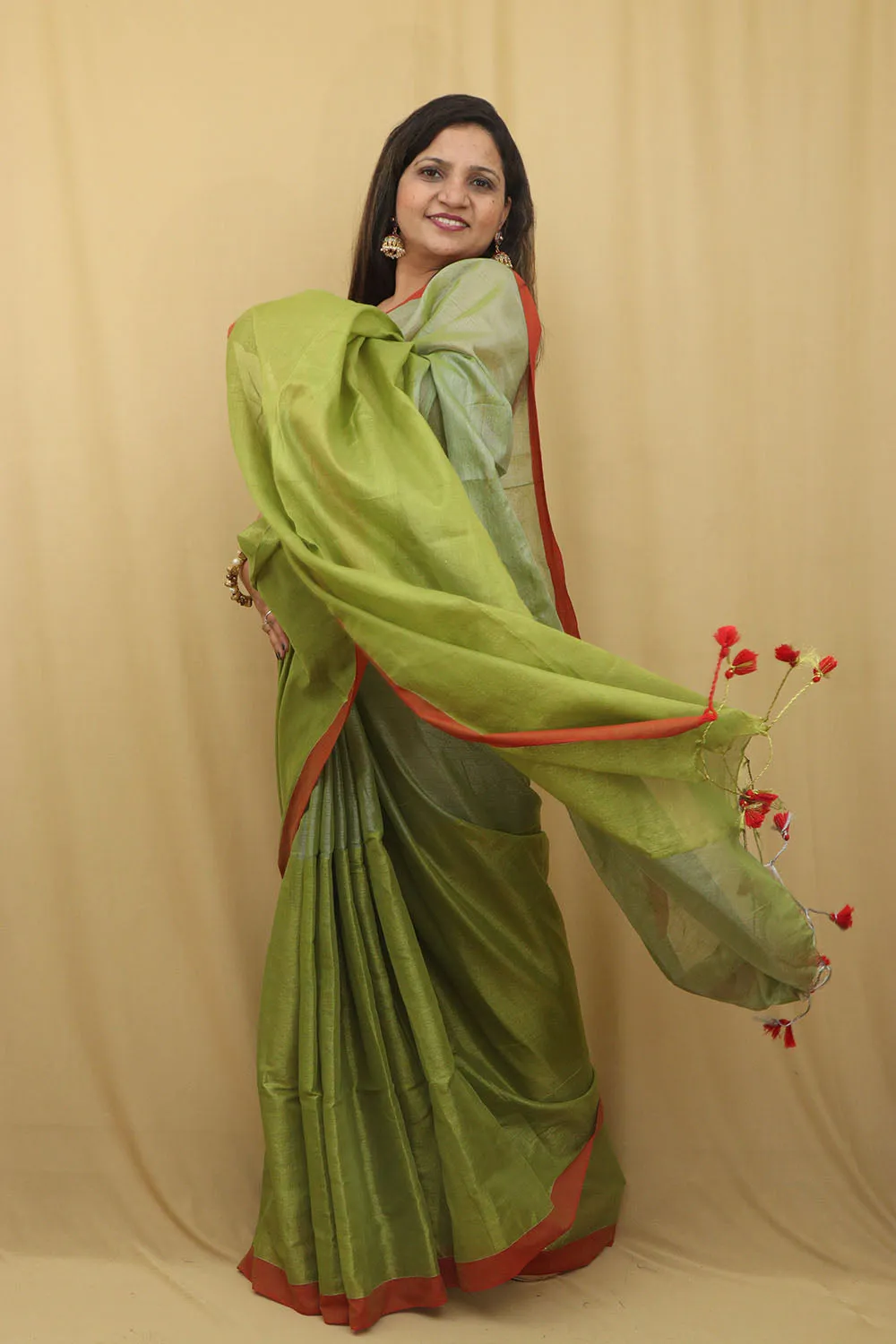 Green Bengal Plain Tissue Cotton Saree - Elegant and Stylish