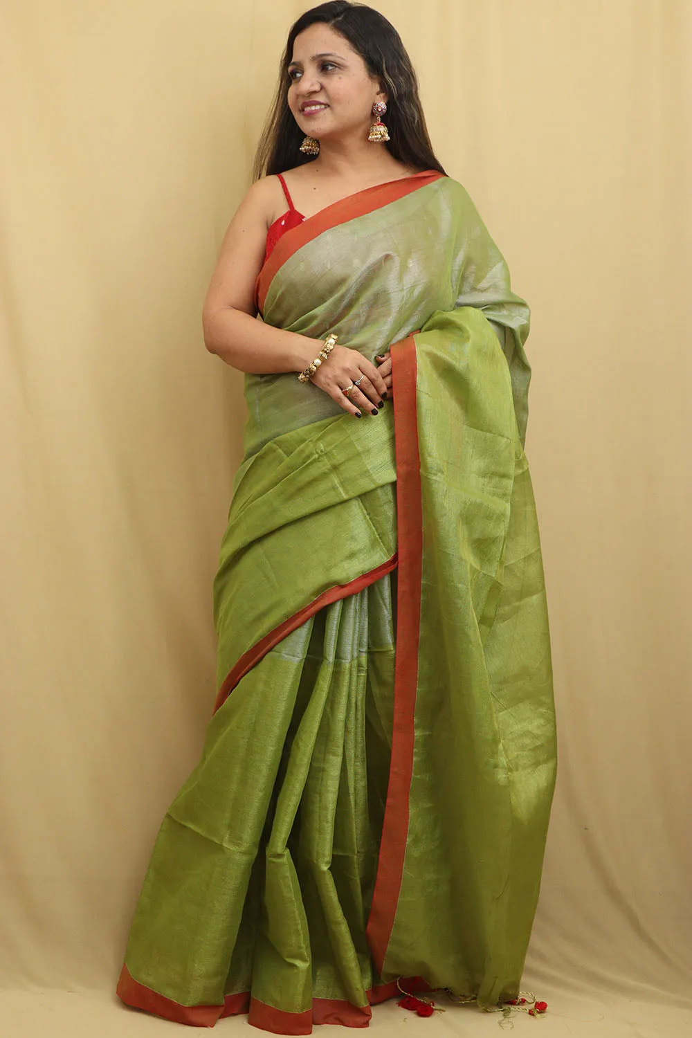 Green Bengal Plain Tissue Cotton Saree - Elegant and Stylish