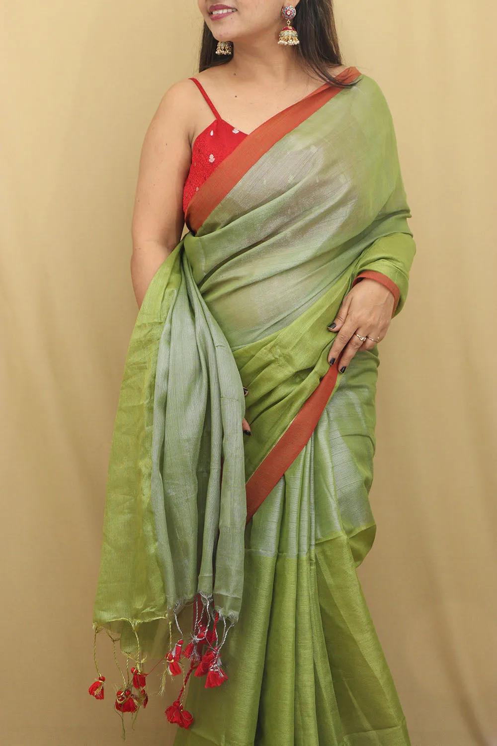 Green Bengal Plain Tissue Cotton Saree - Elegant and Stylish