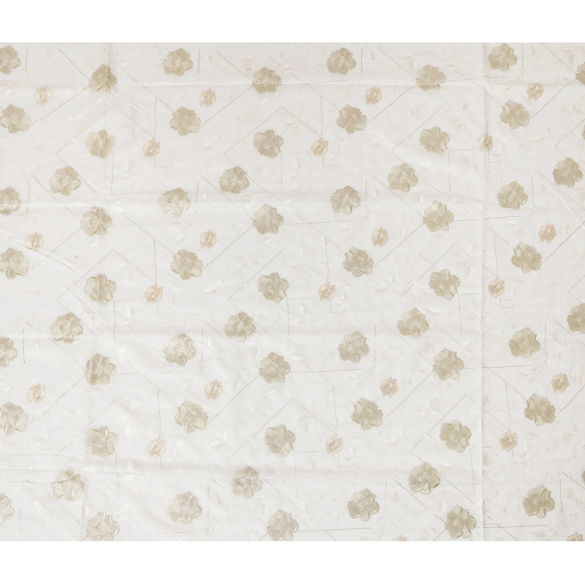 Ivory Cotton Silk Fabric with Gold and Peach Floral Embroidery, 110 cm Width-D20440