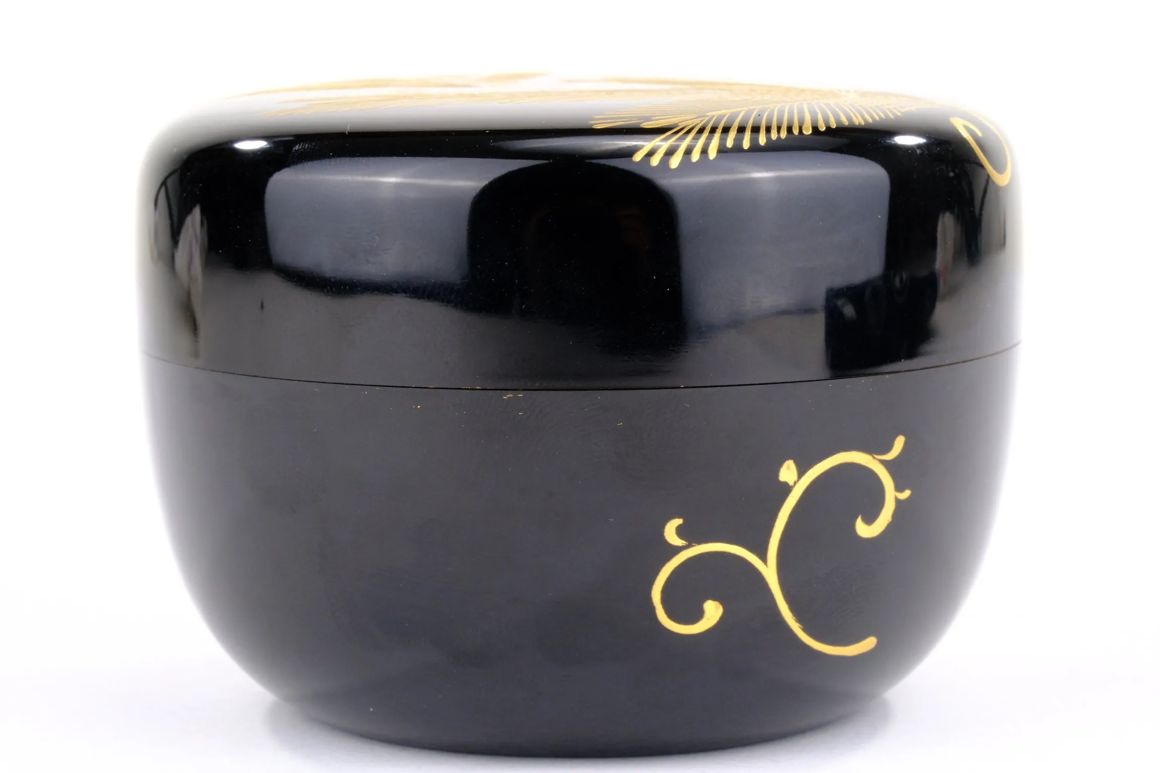 Japanese Tea Ceremony Hira-Natsume Tea Caddy Pine Bows Black Lacquer Gold Makie