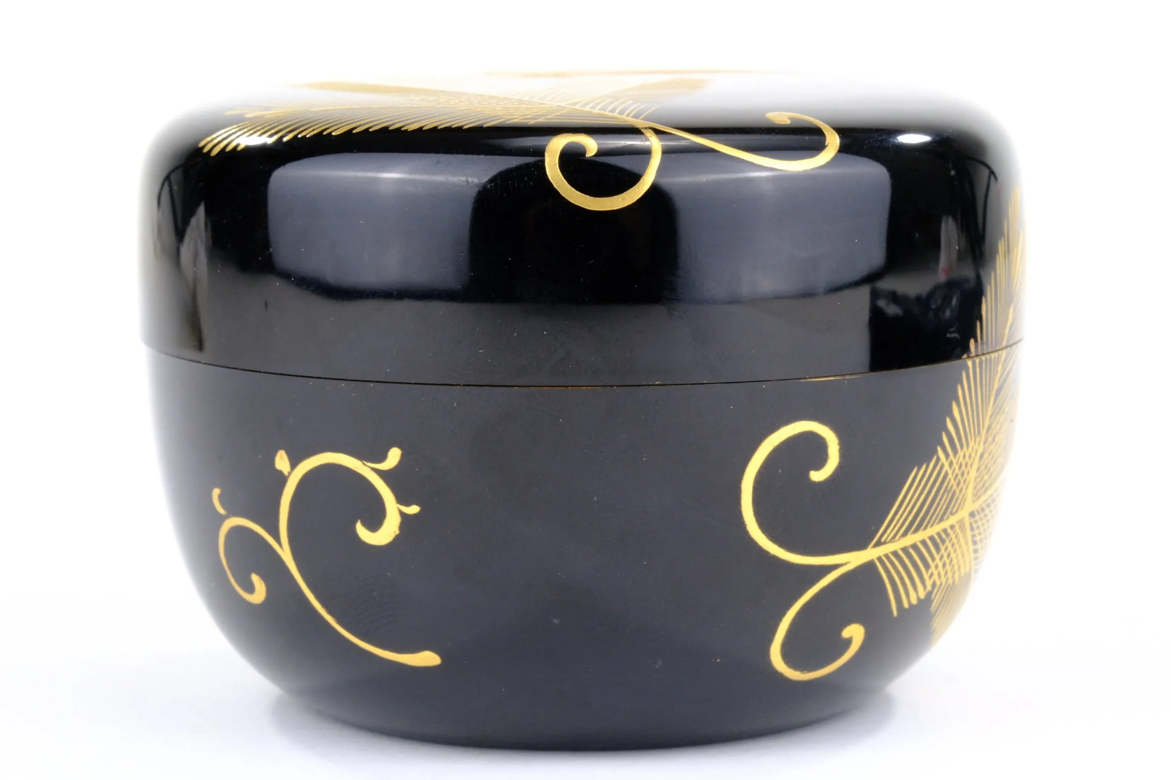 Japanese Tea Ceremony Hira-Natsume Tea Caddy Pine Bows Black Lacquer Gold Makie