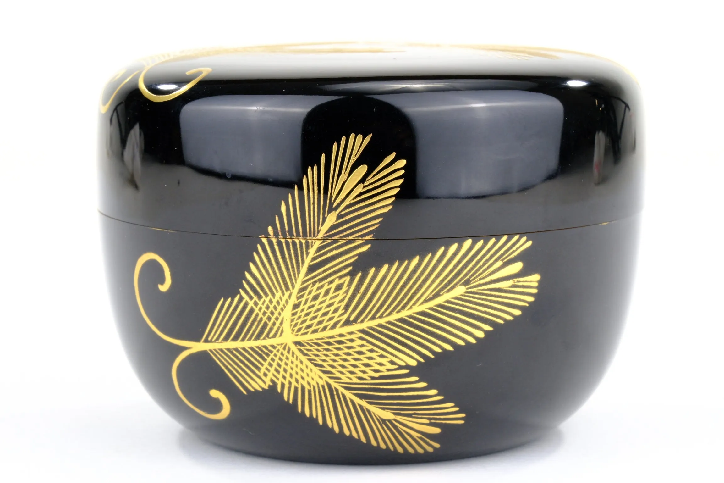 Japanese Tea Ceremony Hira-Natsume Tea Caddy Pine Bows Black Lacquer Gold Makie