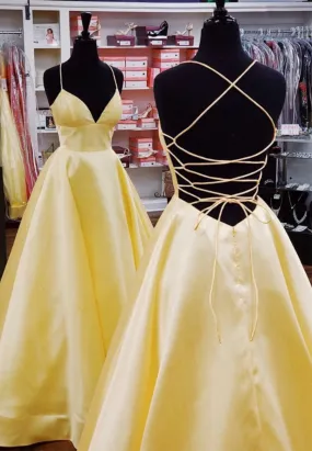 kamahe Yellow Satin Long Prom Dresses,Simple A-Line Elegant Dress Classy