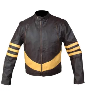 Leather Jackets Hub X-Men: Wolverine Logan Hugh Jackman Sheep Leather Jacket (Brown-Yellow, Racer Jacket) - 1501799