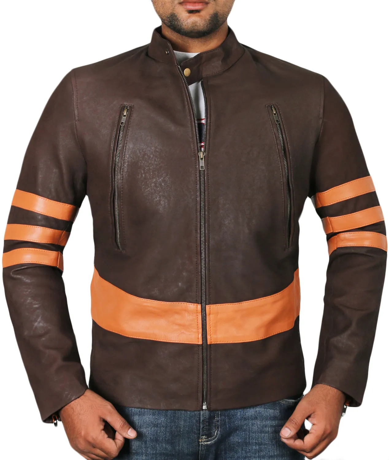 Leather Jackets Hub X-Men: Wolverine Logan Hugh Jackman Sheep Leather Jacket (Brown-Yellow, Racer Jacket) - 1501799