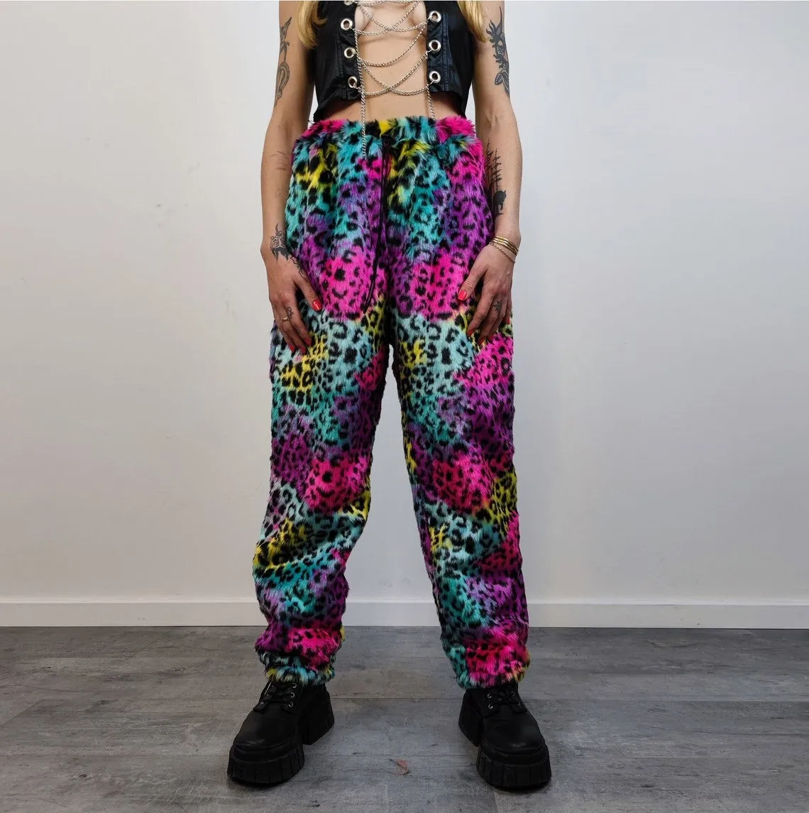 Leopard faux fur joggers winter raver pants fluffy animal print trousers skiing fleece overalls festival bottoms burning man pants pink blue