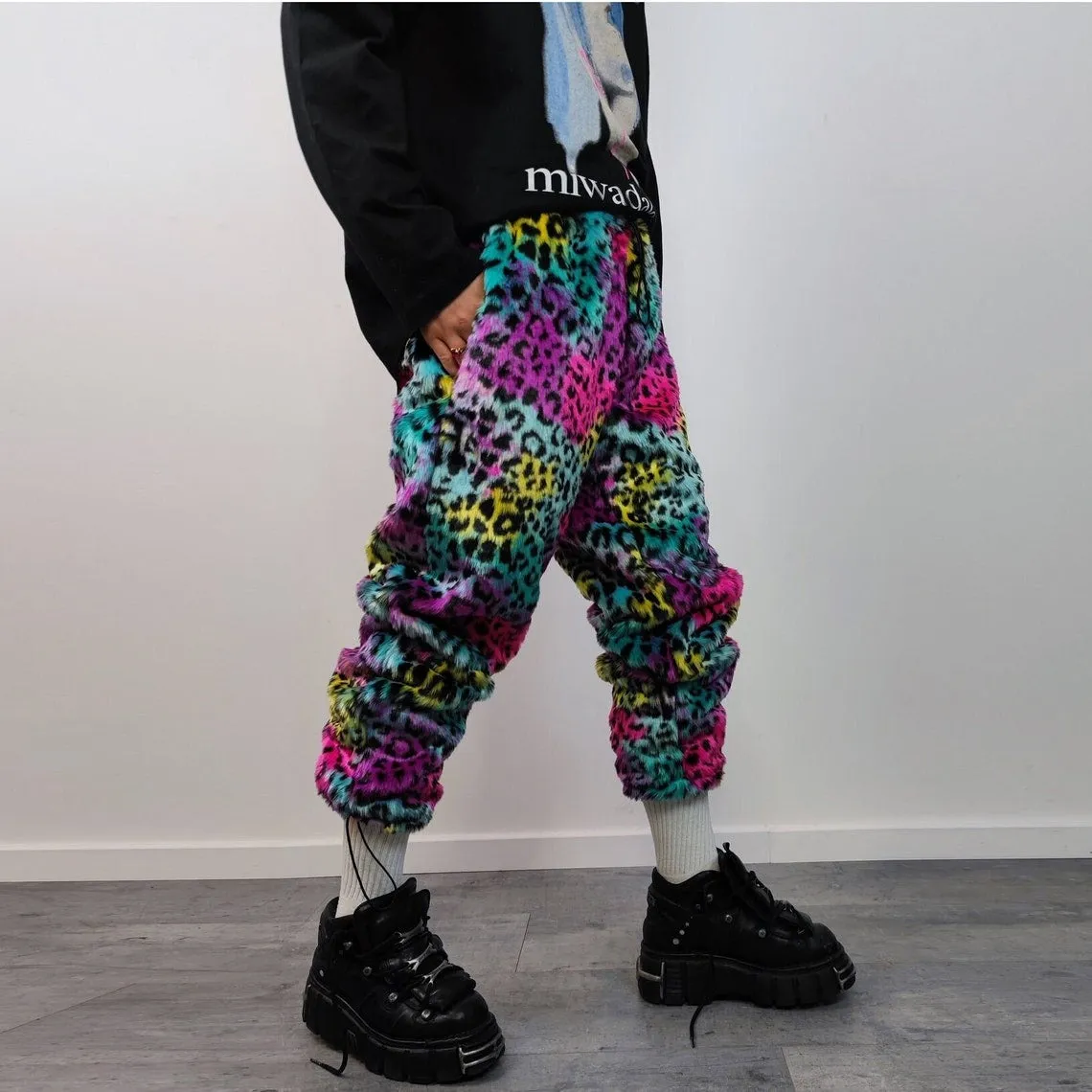 Leopard faux fur joggers winter raver pants fluffy animal print trousers skiing fleece overalls festival bottoms burning man pants pink blue