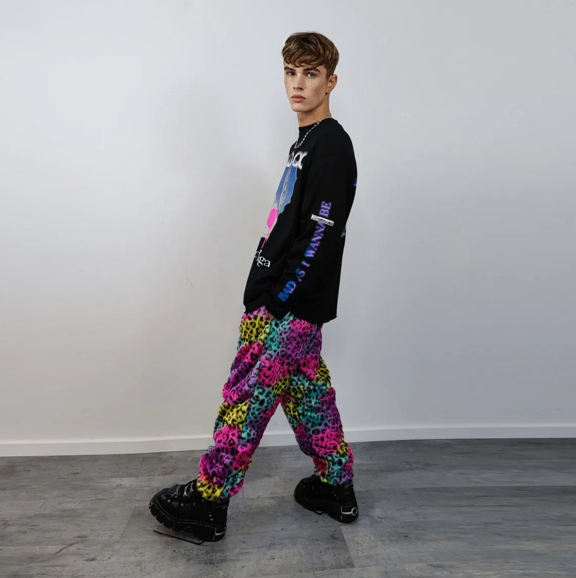 Leopard faux fur joggers winter raver pants fluffy animal print trousers skiing fleece overalls festival bottoms burning man pants pink blue