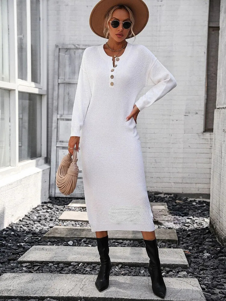 Loose Long Dresses New Button Knit Dress In Autumn Winter 2023 Fashion Temperament Commuter Women Sweater Streetwear White Dress